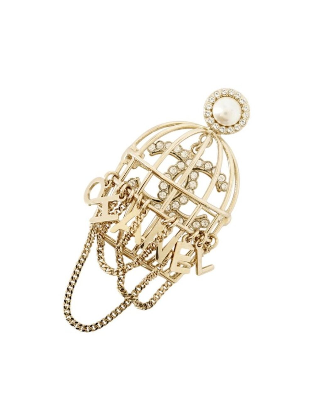 Chanel Brooch Birdcage CC Logo Rhinestone Faux Pearl